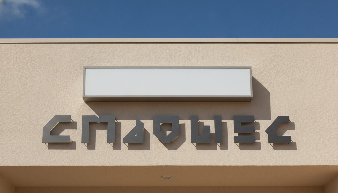 Freshly installed dimensional storefront sign in bright daylight