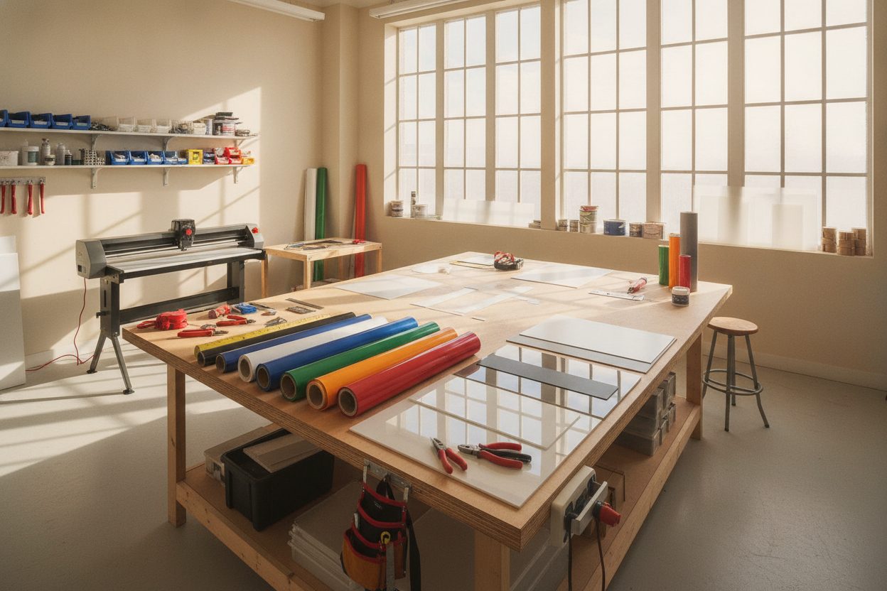 Sign shop workshop with rolls of vinyl and materials in daylight